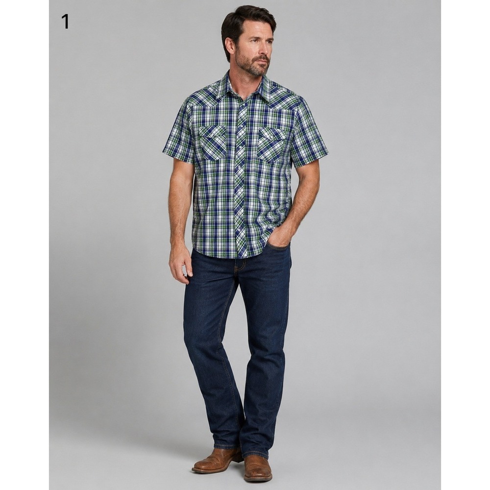 Wrangler Pearl Snap Western Shirt Mens XL Blue Green‎ Plaid Cotton Blend